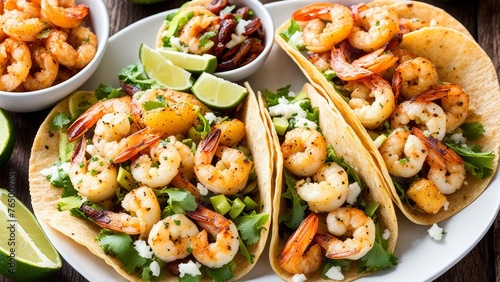 Avocado slices and juicy grilled shrimp with taco sauce