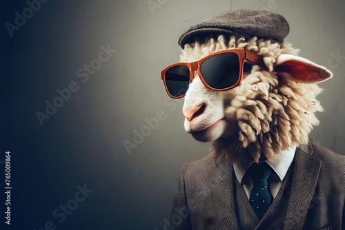 sheep wearing sunglasses and hat is wearing suit and tie anthropomorphic photo