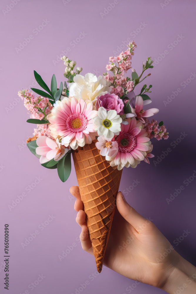 hand holding cone filled with flowers