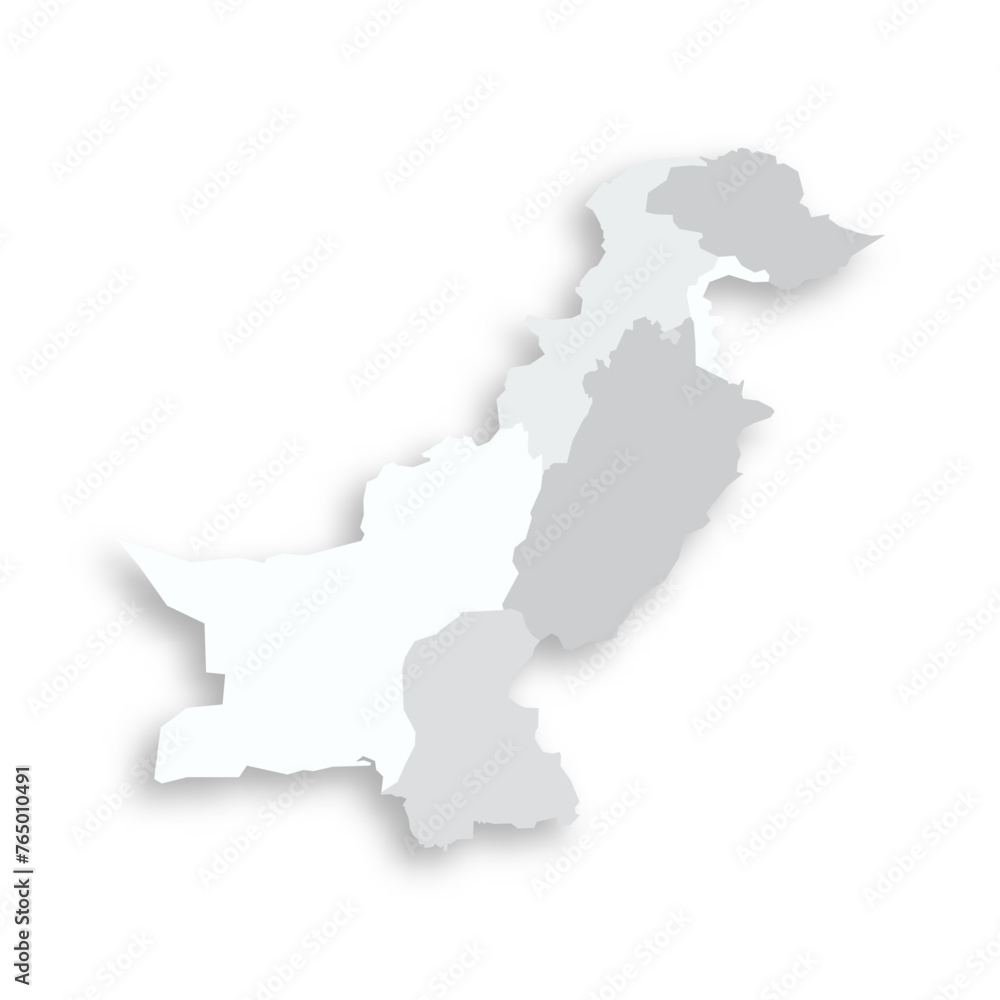 Fototapeta premium Pakistan political map of administrative divisions - provinces and autonomous territories. Grey blank flat vector map with dropped shadow.