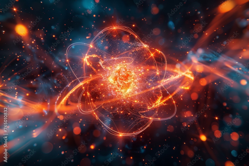 Swirling orange and blue atomic energies colliding inside a spherical boundary Swirling orange and blue atomic energies colliding inside a spherical boundary