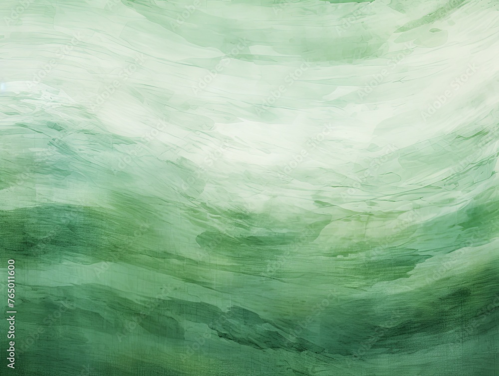 Green and white painting with abstract wave patterns