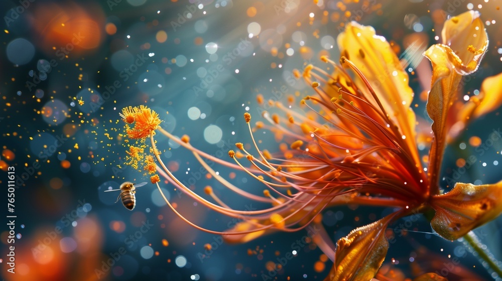 Macro photograph of a flower in bloom releasing pollen into the air, bees pollinating. - obrazy, fototapety, plakaty 