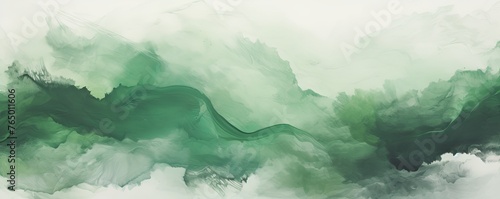 Green and white painting with abstract wave patterns