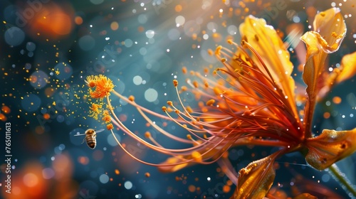 Macro photograph of a flower in bloom releasing pollen into the air, bees pollinating. photo
