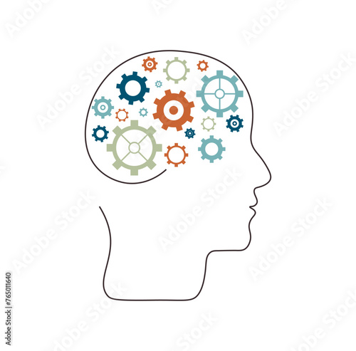 Silhouette human head with gears. Mental health concept. Mental thinking. Business concept and training. Working thinking and memory training. Flat vector color icon on white isolated background.
