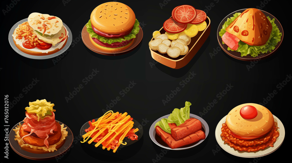 Drawing of a collection of various delicious snacks. Drawing of a collection of various delicious snacks.