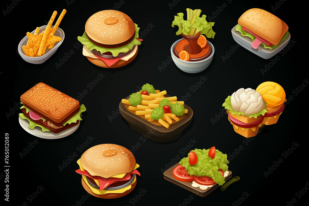 Drawing of a collection of various delicious snacks. Drawing of a collection of various delicious snacks.