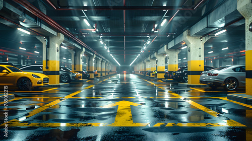 An underground parking garage with yellow and black striped walls and white lights. photo