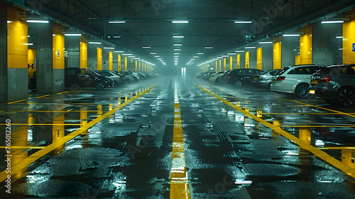 An underground parking garage with yellow and black striped walls and white lights.