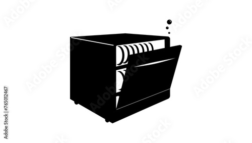 Dishwasher emblem with vertical door, black isolated silhouette
