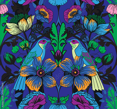 Seamless pattern with flowers, birds and leaves for textile, wallpaper, print.