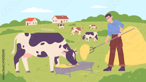 Farmer feeding cows. Rural countryside scene illustration