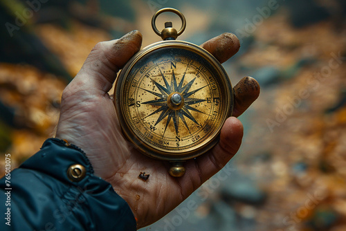 Hand holding a vintage compass photo