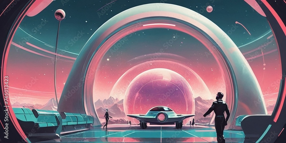 Rear view of a man and a woman standing in front of a futuristic spaceship. - obrazy, fototapety, plakaty 