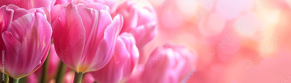 Close-up of pink tulips with soft-focus background, conveying a tranquil and romantic early morning ambiance