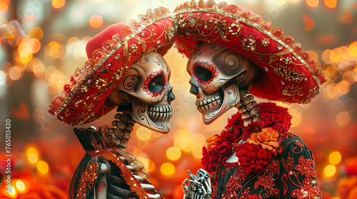 Two people with skull makeup fantasy skeletons with elaborate sombreros celebrating Dia de los Muertos, with a vibrant, bokeh background
