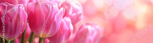 Close-up of pink tulips with soft-focus background  conveying a tranquil and romantic early morning ambiance