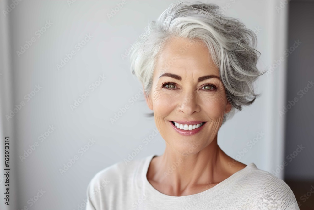 A beautiful smiling senior woman with gray hair and perfect skin in the style of a portrait on a gray background A beautiful smiling senior woman with gray hair and perfect skin in the style of a portrait on a gray background