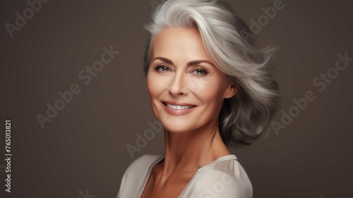 A beautiful smiling senior woman with gray hair and perfect skin in the style of a portrait on a gray background