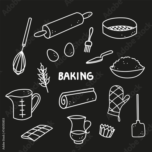 Baking equipments hand drawn ink sketch vector illustration. Doodle background with dough, eggs, rolling pin, flour, ingredients tools cooking baked goods. Design concept for bakery, chef, menu,cafe