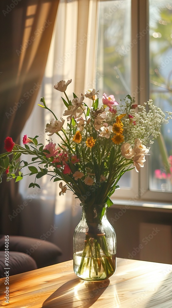 Spring flowers bouquet in vase on table in living room with morning sun ligh Spring flowers bouquet in vase on table in living room with morning sun ligh
