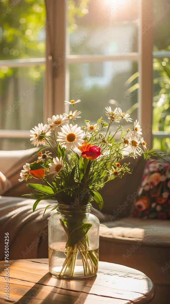 Fototapeta premium Spring flowers bouquet in vase on table in living room with morning sun ligh
