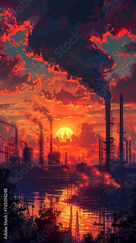 Industrial skyline emitting pollution  sunset  silhouette  vivid colors Concept Art