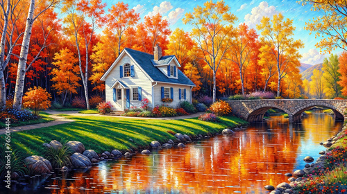 Oil painting on canvas autumn landscape with wooden old house near river, beautiful flowers and trees.