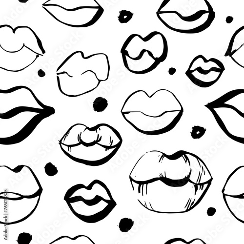 Doodle lips shapes background Valentine's Day kiss seamless pattern Linear woman mouth. Romantic feminine design. Vector illustration sketch lips seamless pattern