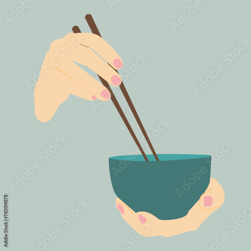 Bowl noodles and chopsticks sketch. Asian food. Chinese, Korean, Japanese cuisine. Logo template. Hand drawn vector illustration.