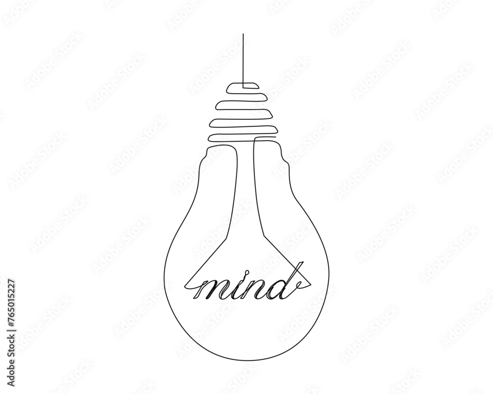 Continuous one line drawing of mind bulb or lamp. Mind word in bulb single line illustration. Editable stroke.