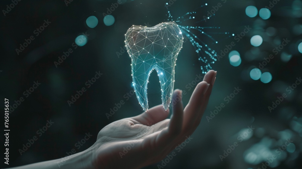 Glowing 3D hologram of tooth - obrazy, fototapety, plakaty 