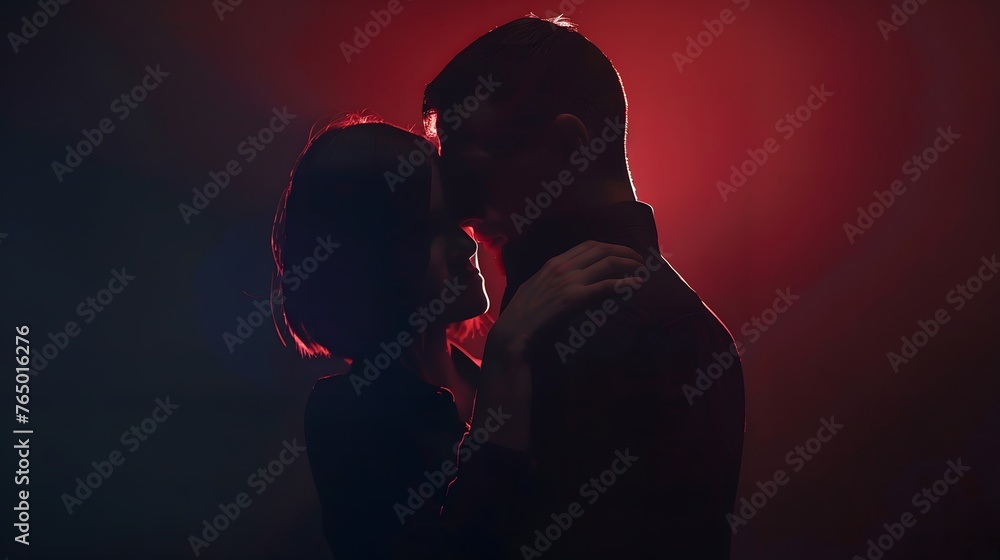 A couple standing in the dark, illuminated by red light from behind