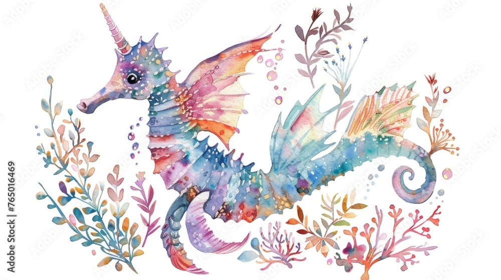 Obraz premium Enchanted seahorse, watercolor clipart, with delicate wings, glimmering amidst underwater flora, isolate on white background. Perfect for fairy tale themes.
