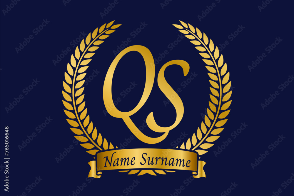 Fototapeta premium Initial letter Q and S, QS monogram logo design with laurel wreath. Luxury golden calligraphy font.