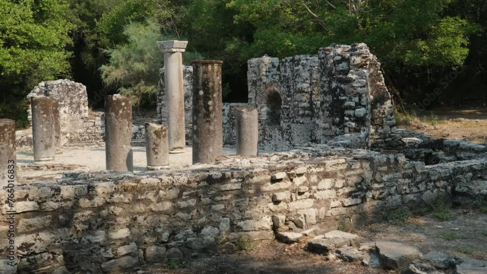 Ruins of Great Basilica in Butrint National Park, Buthrotum, Albania. Triconch Palace at Butrint Life and death of an ancient Roman house Historical medieval Venetian Tower surrounded. Butrint Ruins of Great Basilica in Butrint National Park, Buthrotum, Albania. Triconch Palace at Butrint Life and death of an ancient Roman house Historical medieval Venetian Tower surrounded. Butrint
