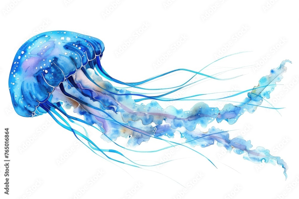 Fototapeta premium Serene watercolor clipart of a jellyfish, with translucent, flowing tentacles, glowing softly, isolate on white background. Perfect for a touch of oceanic tranquility.