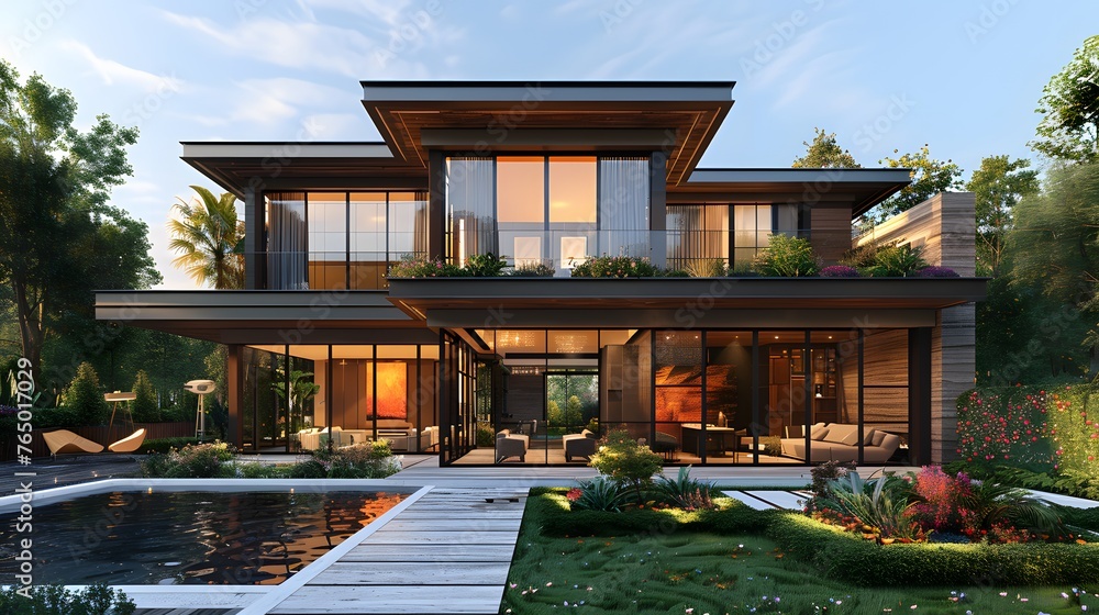 3D rendering of a minimalist exterior, with clean lines, stylish landscaping, and architectural sophistication, capturing the essence of modern design in high-resolution realism.