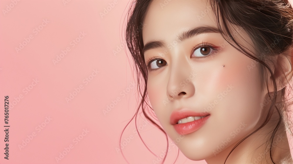 Create an image showcasing the beauty of a young Asian woman with radiant and flawless skin against an isolated pink background. Create an image showcasing the beauty of a young Asian woman with radiant and flawless skin against an isolated pink background.