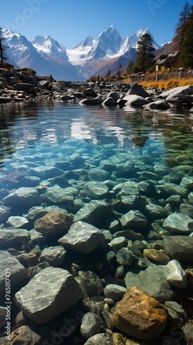 A serene alpine lake with crystal-clear water