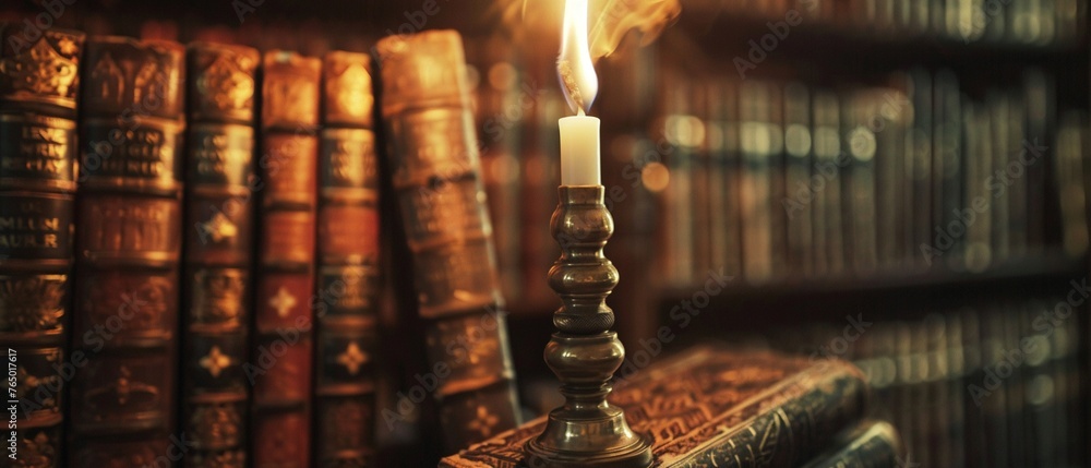 A torch illuminating legal books, representing the enlightenment and guidance provided by the law - obrazy, fototapety, plakaty 