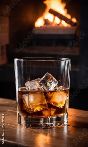 Whiskey with ice in front of a fireplace in a country house.