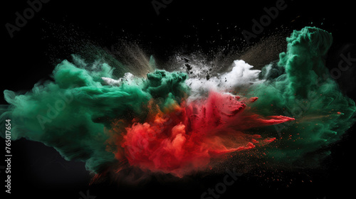 Launched colorful powders, isolated on black background studio. Black, green, red and white colors powder. Palestine flag. photo
