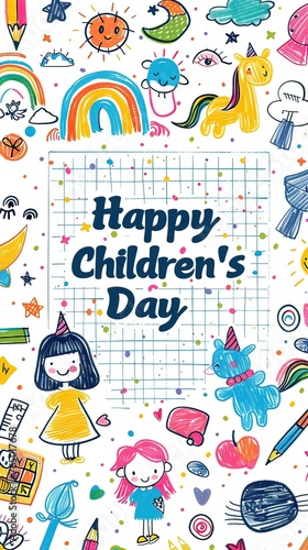 Happy Children's Day greeting card illustration. School elements. Generative AI.