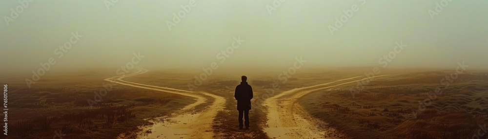 A weary traveler stands at a crossroads, the paths before him shrouded in mist Each path represents a different choice, a different journey What lies ahead