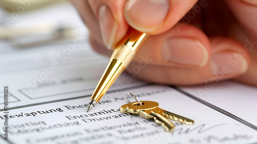 Closeup of a hand signing a mortgage agreement with a golden pen, focus on the document, signifying the commitment in real estate transactions