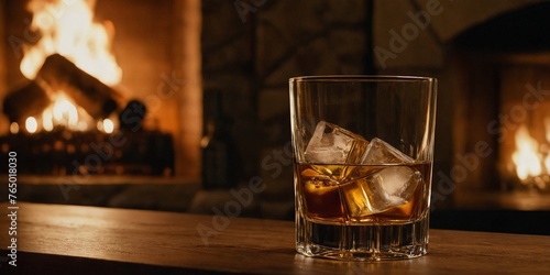 Whiskey with ice in a glass on a wooden table in front of a fireplace.