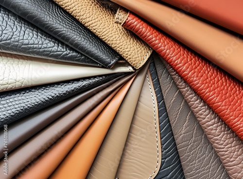 sample - a good quality leather in various colors. A set of leather color samples in different colors and textures, arranged on top of each other to show the variety of designs
