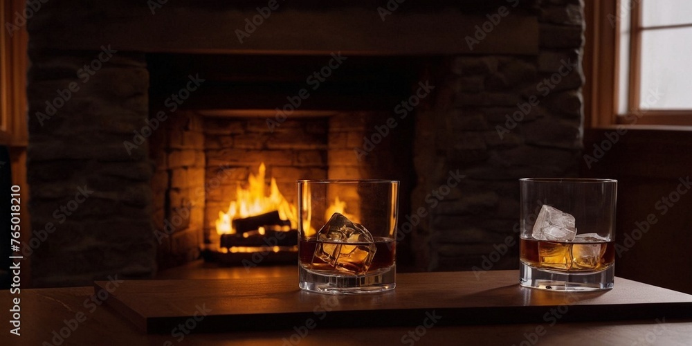 Two glasses of whiskey on a wooden table in front of a burning fireplace.
